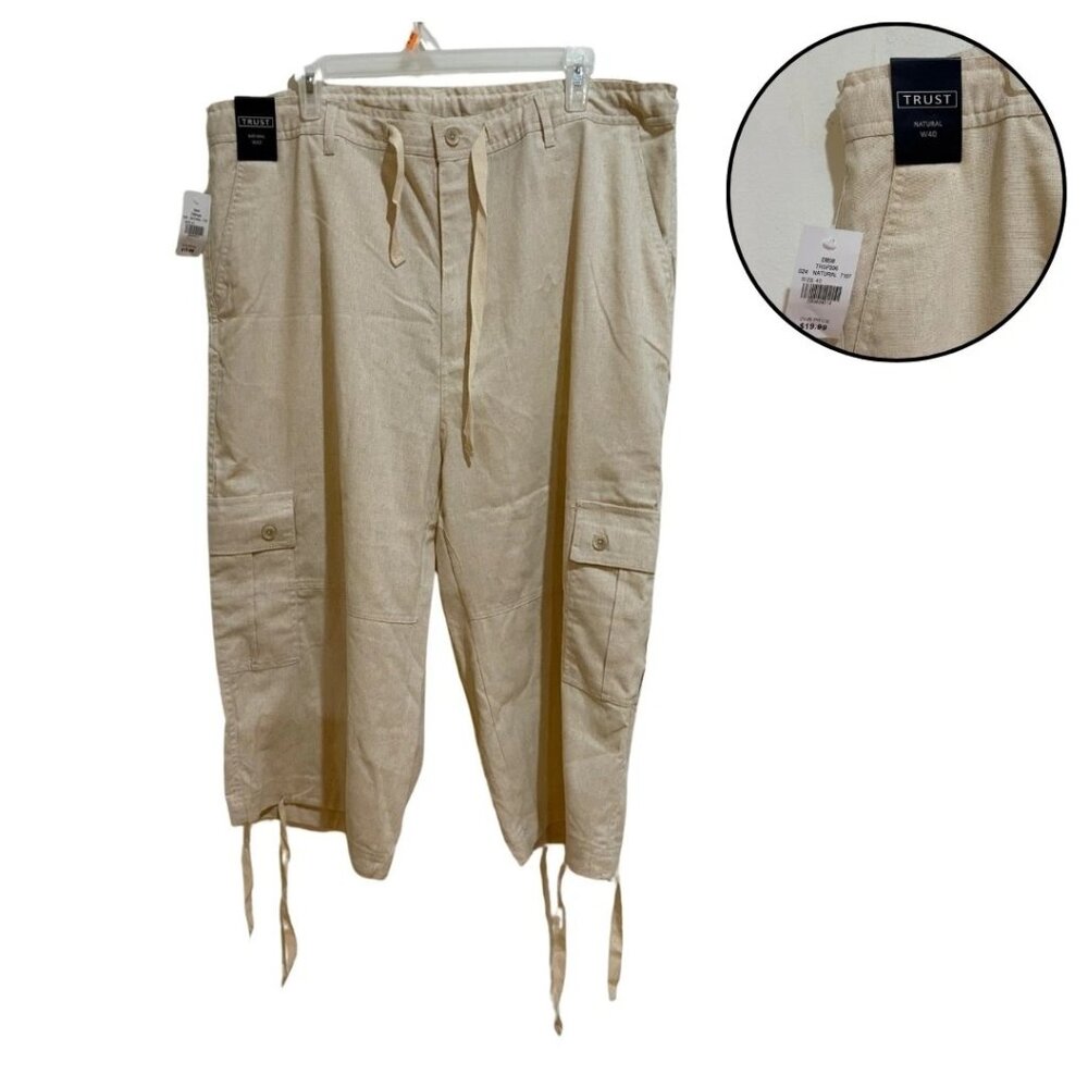 Trust Natural Linen Cargo Capri Pants Women Size W40 Drawstring Casual